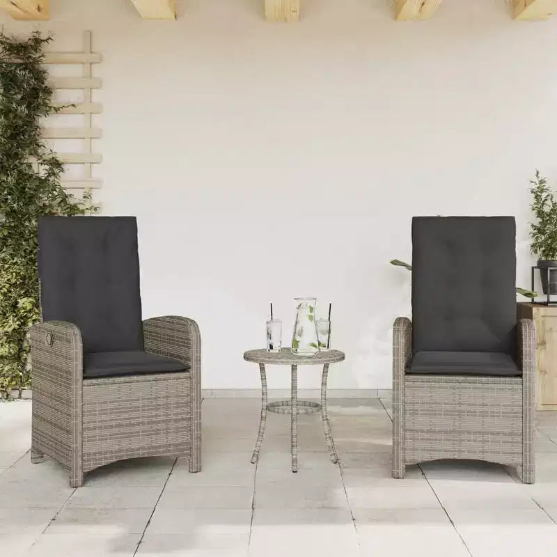 vidaXL 3-Piece Poly Rattan Bistro Set - Adjustable Reclining Chairs with Cushions & Round Table, Weather-Resistant, Gray/Navy Blue