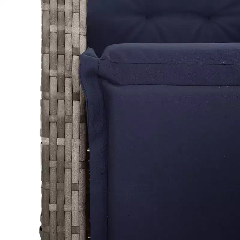 vidaXL 3pc Adjustable Poly Rattan Bistro Set - Gray Reclining Chairs with Navy Cushions and Round Table for Patio, Garden, Balcony