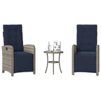 vidaXL 3pc Adjustable Poly Rattan Bistro Set - Gray Reclining Chairs with Navy Cushions and Round Table for Patio, Garden, Balcony