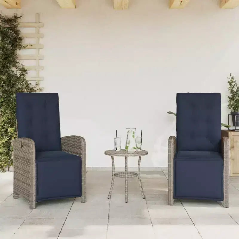 vidaXL 3pc Adjustable Poly Rattan Bistro Set - Gray Reclining Chairs with Navy Cushions and Round Table for Patio, Garden, Balcony