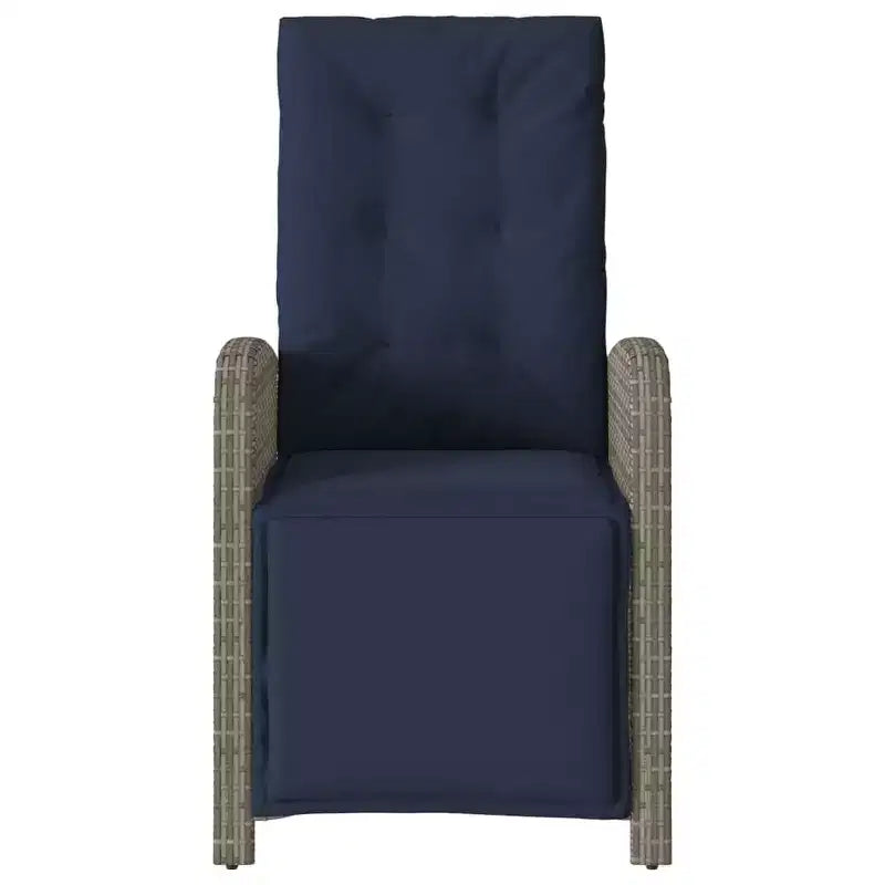 vidaXL 3pc Adjustable Poly Rattan Bistro Set - Gray Reclining Chairs with Navy Cushions and Round Table for Patio, Garden, Balcony