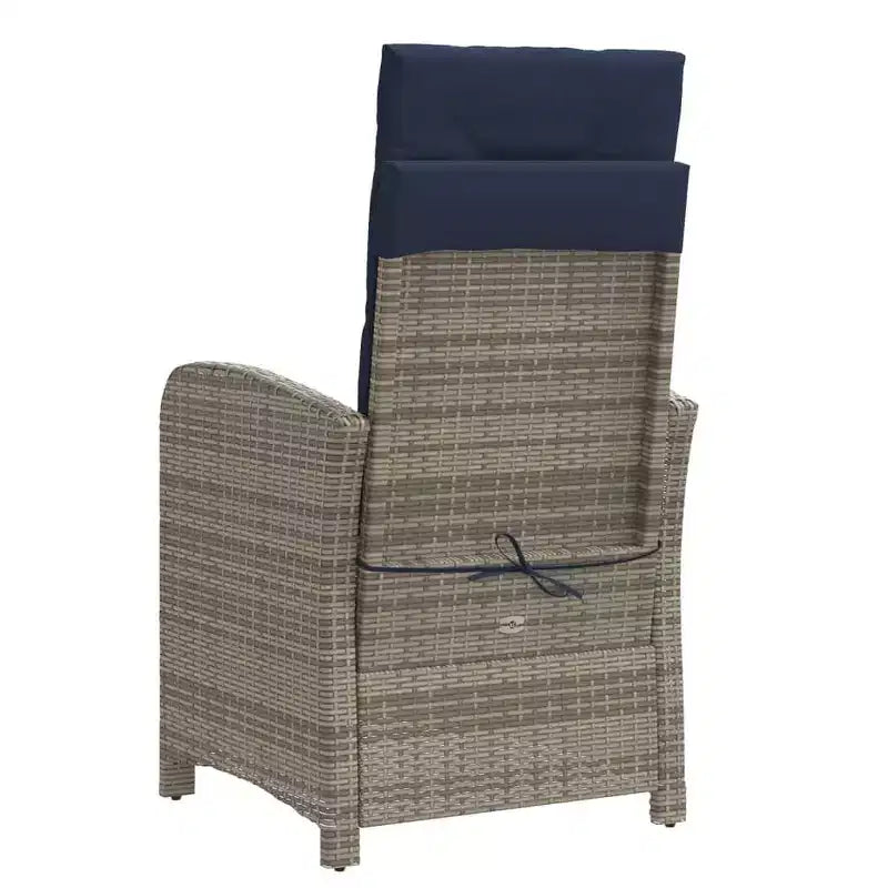 vidaXL 3pc Adjustable Poly Rattan Bistro Set - Gray Reclining Chairs with Navy Cushions and Round Table for Patio, Garden, Balcony