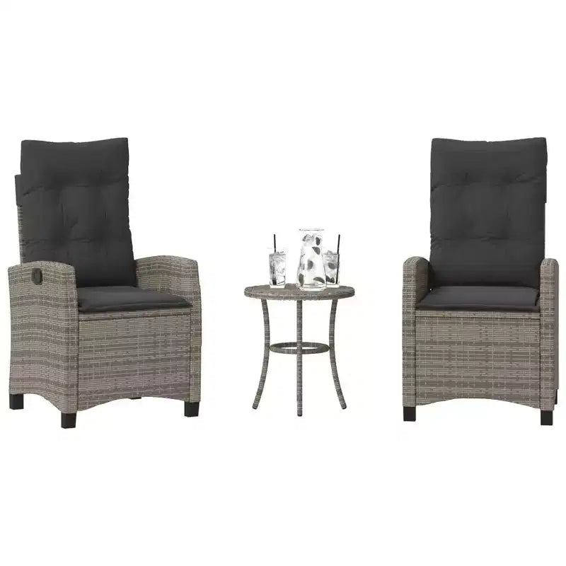 vidaXL 3-Piece Bistro Set with Adjustable Chairs & Cushions - Gray Poly Rattan, Navy Seat Cover, Weather-Resistant Outdoor Patio Furniture