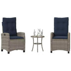 vidaXL 3-Piece Bistro Set with Adjustable Chairs & Cushions - Gray Poly Rattan, Navy Seat Cover, Weather-Resistant Outdoor Patio Furniture