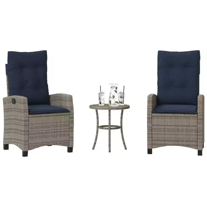 vidaXL 3-Piece Bistro Set with Adjustable Chairs & Cushions - Gray Poly Rattan, Navy Seat Cover, Weather-Resistant Outdoor Patio Furniture
