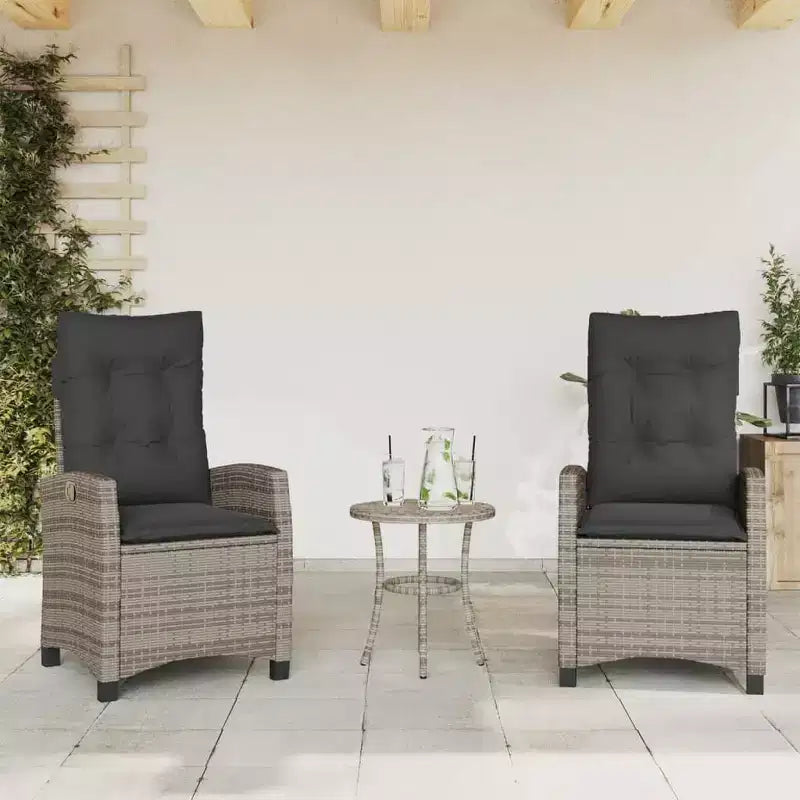 vidaXL 3-Piece Bistro Set with Adjustable Chairs & Cushions - Gray Poly Rattan, Navy Seat Cover, Weather-Resistant Outdoor Patio Furniture