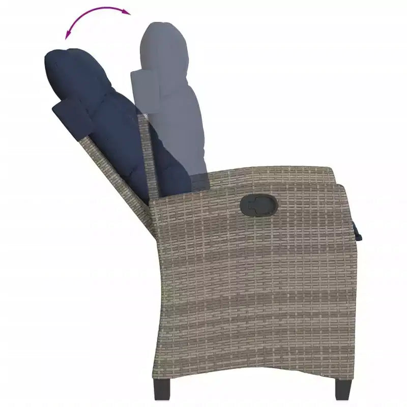 vidaXL 3-Piece Bistro Set with Adjustable Chairs & Cushions - Gray Poly Rattan, Navy Seat Cover, Weather-Resistant Outdoor Patio Furniture