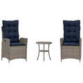 vidaXL 3 Piece Bistro Set with Reclining Chairs - Gray Poly Rattan, Navy Blue Cushions, Adjustable Backrest for Outdoor, Garden, Patio