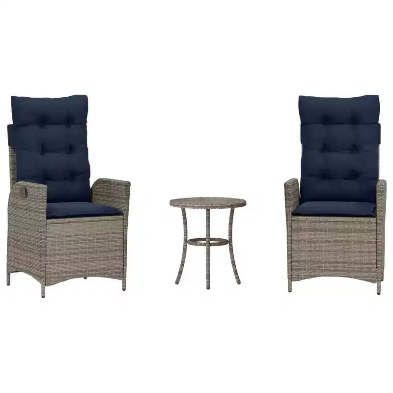 vidaXL 3 Piece Bistro Set with Reclining Chairs - Gray Poly Rattan, Navy Blue Cushions, Adjustable Backrest for Outdoor, Garden, Patio