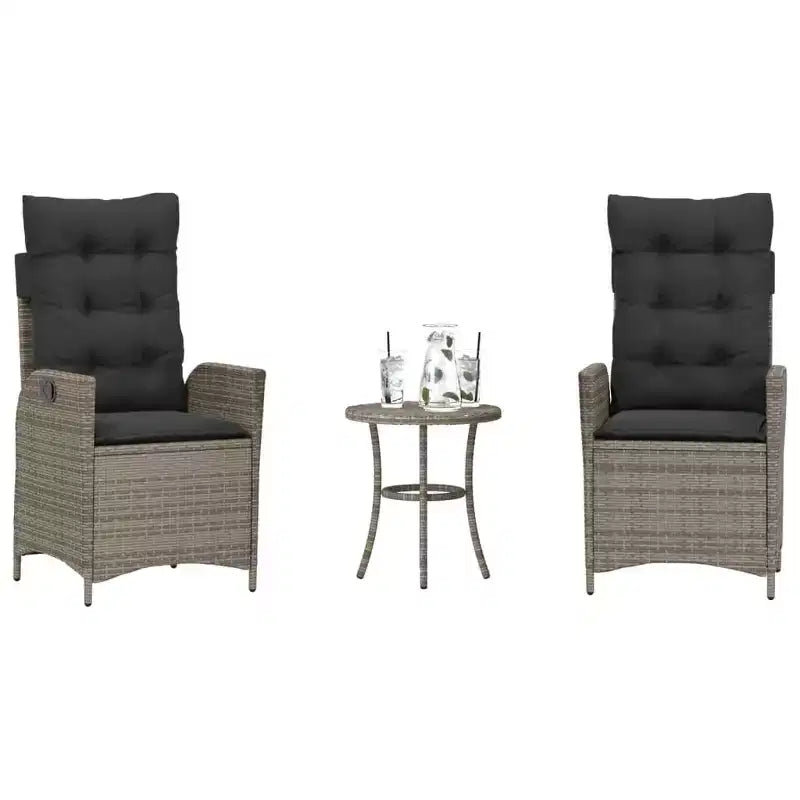 vidaXL 3 Piece Bistro Set with Reclining Chairs - Gray Poly Rattan, Navy Blue Cushions, Adjustable Backrest for Outdoor, Garden, Patio