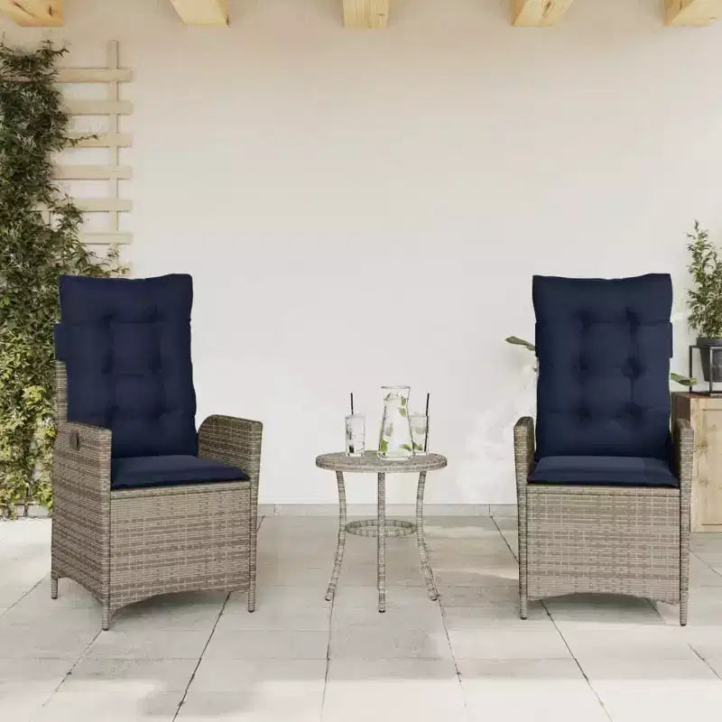vidaXL 3 Piece Bistro Set with Reclining Chairs - Gray Poly Rattan, Navy Blue Cushions, Adjustable Backrest for Outdoor, Garden, Patio