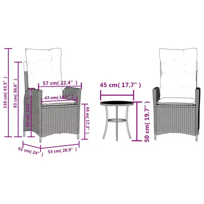 vidaXL 3 Piece Bistro Set with Reclining Chairs - Gray Poly Rattan, Navy Blue Cushions, Adjustable Backrest for Outdoor, Garden, Patio