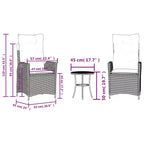 vidaXL 3 Piece Bistro Set with Reclining Chairs - Gray Poly Rattan, Navy Blue Cushions, Adjustable Backrest for Outdoor, Garden, Patio
