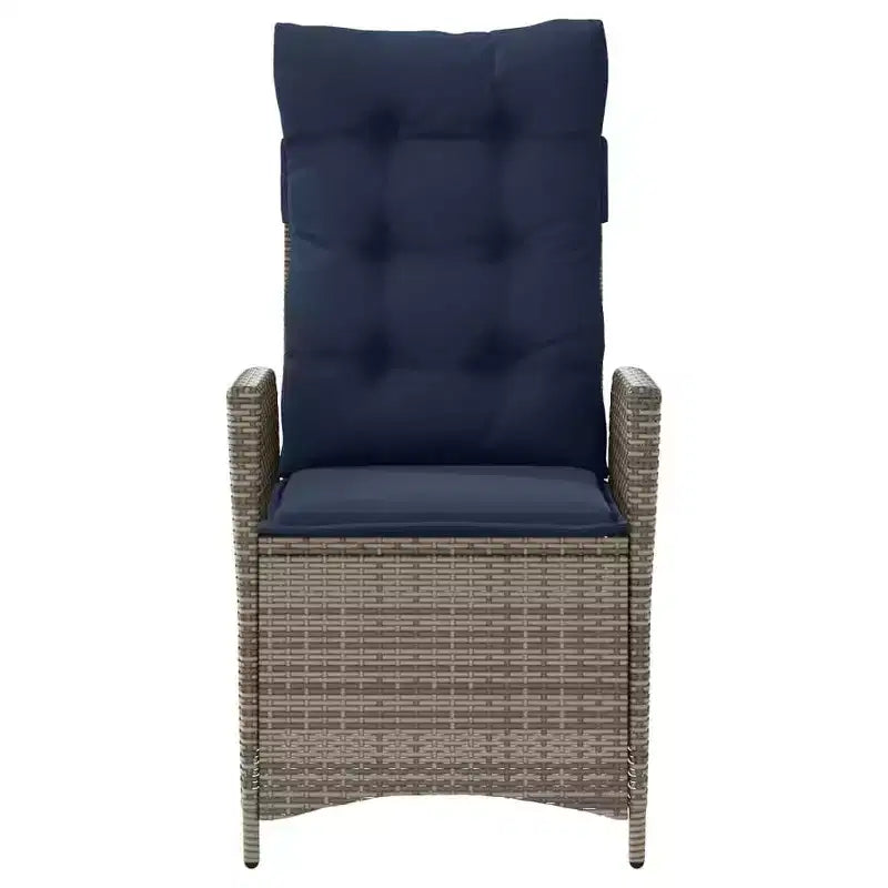 vidaXL 3 Piece Bistro Set with Reclining Chairs - Gray Poly Rattan, Navy Blue Cushions, Adjustable Backrest for Outdoor, Garden, Patio