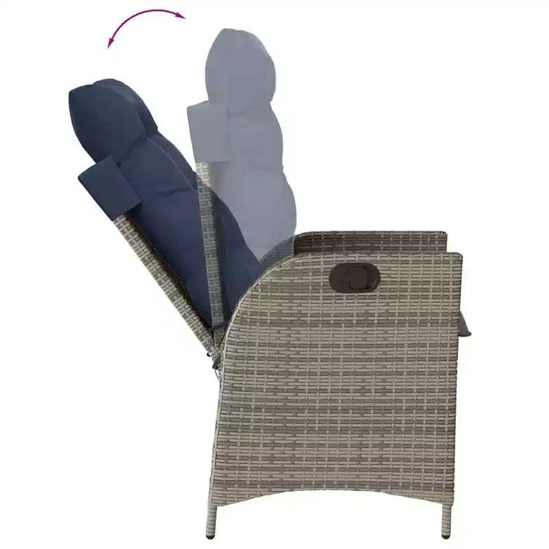 vidaXL 3 Piece Bistro Set with Reclining Chairs - Gray Poly Rattan, Navy Blue Cushions, Adjustable Backrest for Outdoor, Garden, Patio