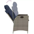 vidaXL 3 Piece Bistro Set with Reclining Chairs - Gray Poly Rattan, Navy Blue Cushions, Adjustable Backrest for Outdoor, Garden, Patio