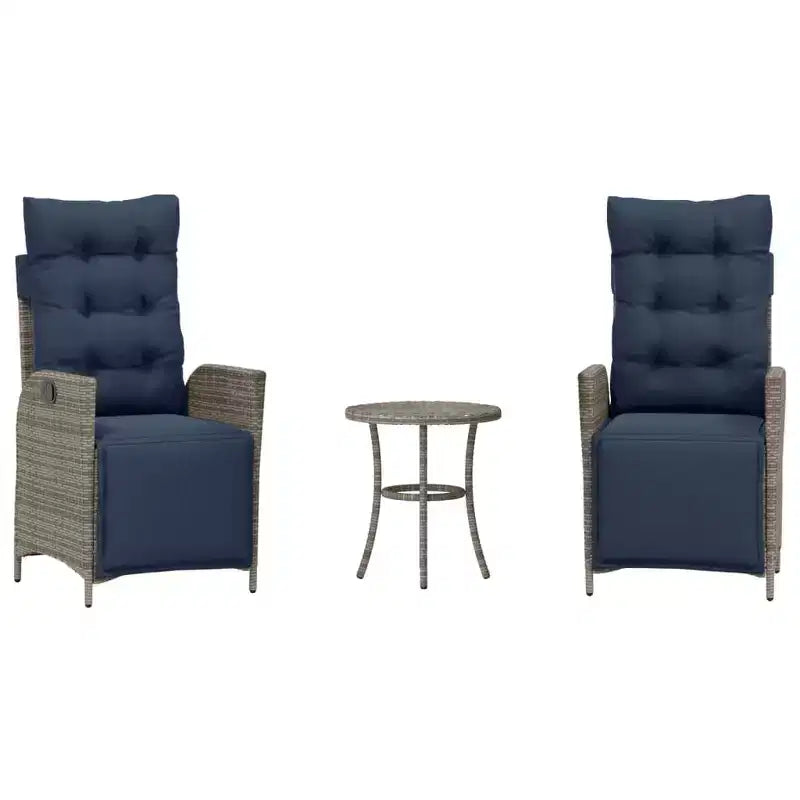 vidaXL 3-Piece Poly Rattan Bistro Set with Reclining Chairs - Gray Lounge Furniture with Navy Cushions for Garden, Patio, Balcony