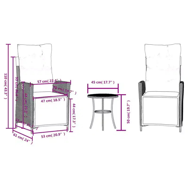 vidaXL 3-Piece Poly Rattan Bistro Set with Reclining Chairs - Gray Lounge Furniture with Navy Cushions for Garden, Patio, Balcony