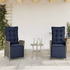 vidaXL 3-Piece Poly Rattan Bistro Set with Reclining Chairs - Gray Lounge Furniture with Navy Cushions for Garden, Patio, Balcony