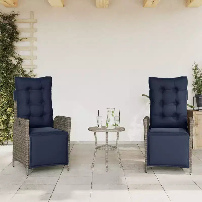 vidaXL 3-Piece Poly Rattan Bistro Set with Reclining Chairs - Gray Lounge Furniture with Navy Cushions for Garden, Patio, Balcony
