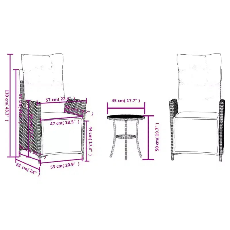 vidaXL 3-Piece Poly Rattan Bistro Set with Reclining Chairs - Gray Lounge Furniture with Navy Cushions for Garden, Patio, Balcony