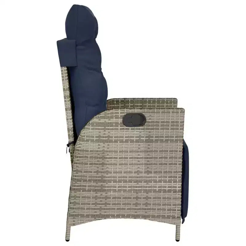 vidaXL 3-Piece Poly Rattan Bistro Set with Reclining Chairs - Gray Lounge Furniture with Navy Cushions for Garden, Patio, Balcony