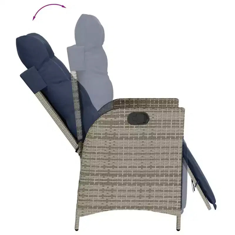 vidaXL 3-Piece Poly Rattan Bistro Set with Reclining Chairs - Gray Lounge Furniture with Navy Cushions for Garden, Patio, Balcony