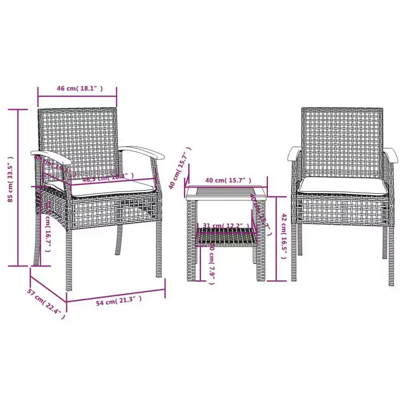 vidaXL 3 Piece Bistro Set with Cushions Gray Poly Rattan Acacia Wood