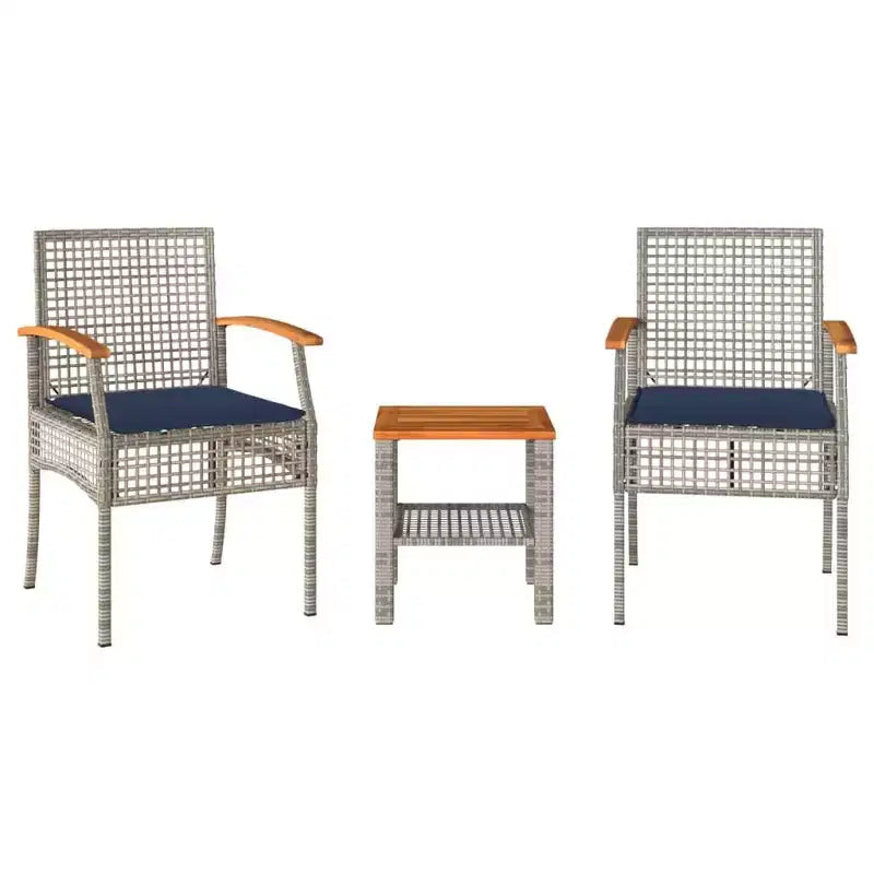 vidaXL 3 Piece Bistro Set with Cushions Gray Poly Rattan Acacia Wood