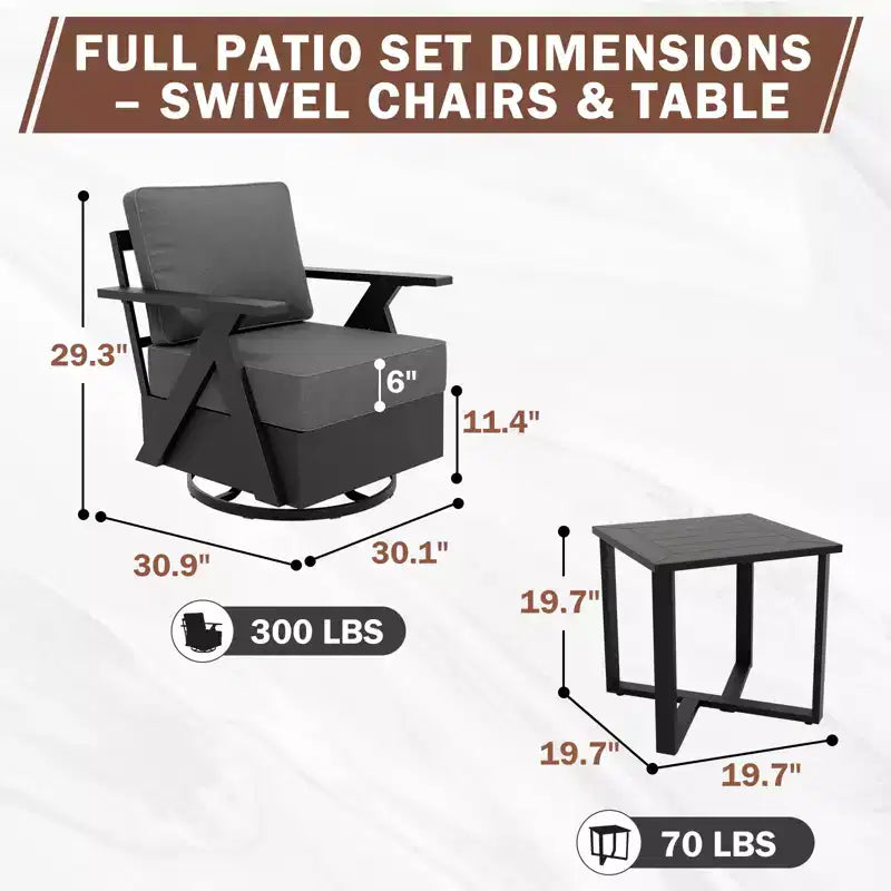 EAGLE PEAK Urban Slate 3 PCS Outdoor Bistro Set with Modern Swivel Rocking Chairs and Table