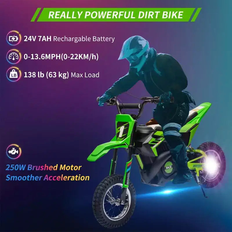 24V Kids Ride on Electric Off-Road Motorcycle,250W Motor 13.6MPH Fast Speed Dirt Bike Motocross,Leather Seat,Twist Grip Throttle,Metal Suspension