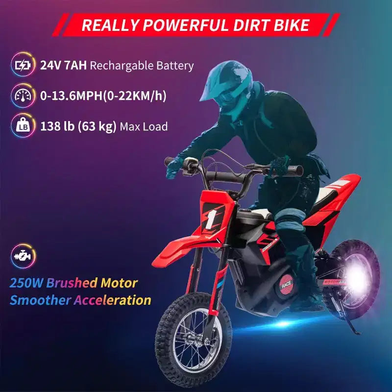 24V Kids Ride on Electric Off-Road Motorcycle,250W Motor 13.6MPH Fast Speed Dirt Bike Motocross,Leather Seat,Twist Grip Throttle,Metal Suspension