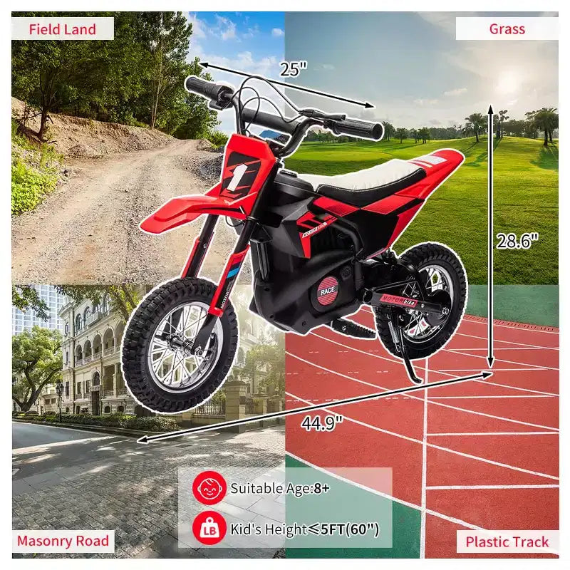 24V Kids Ride on Electric Off-Road Motorcycle,250W Motor 13.6MPH Fast Speed Dirt Bike Motocross,Leather Seat,Twist Grip Throttle,Metal Suspension