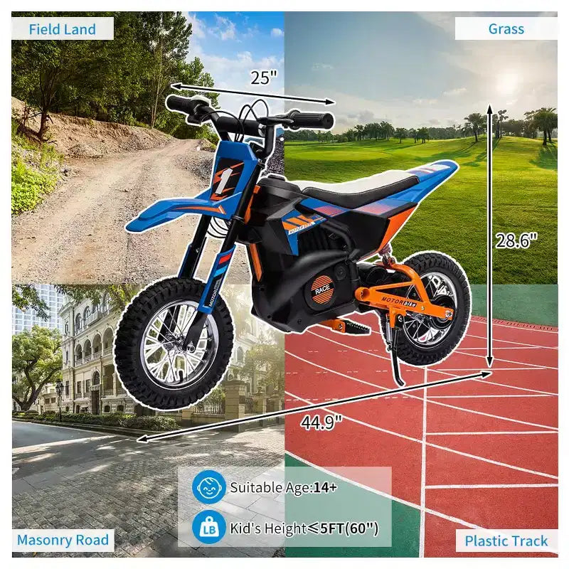 24V Kids Ride on Electric Off-Road Motorcycle,250W Motor 13.6MPH Fast Speed Dirt Bike Motocross,Leather Seat,Twist Grip Throttle,Metal Suspension