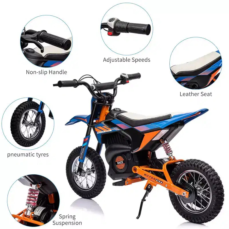 24V Kids Ride on Electric Off-Road Motorcycle,250W Motor 13.6MPH Fast Speed Dirt Bike Motocross,Leather Seat,Twist Grip Throttle,Metal Suspension