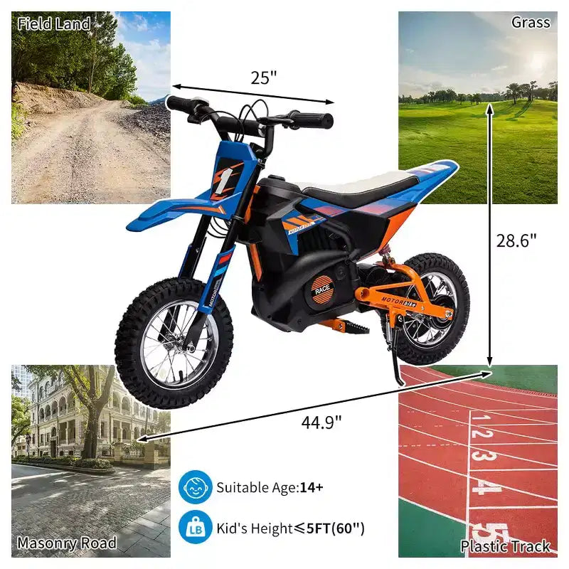 24V Kids Ride on Electric Off-Road Motorcycle,250W Motor 13.6MPH Fast Speed Dirt Bike Motocross,Leather Seat,Twist Grip Throttle,Metal Suspension
