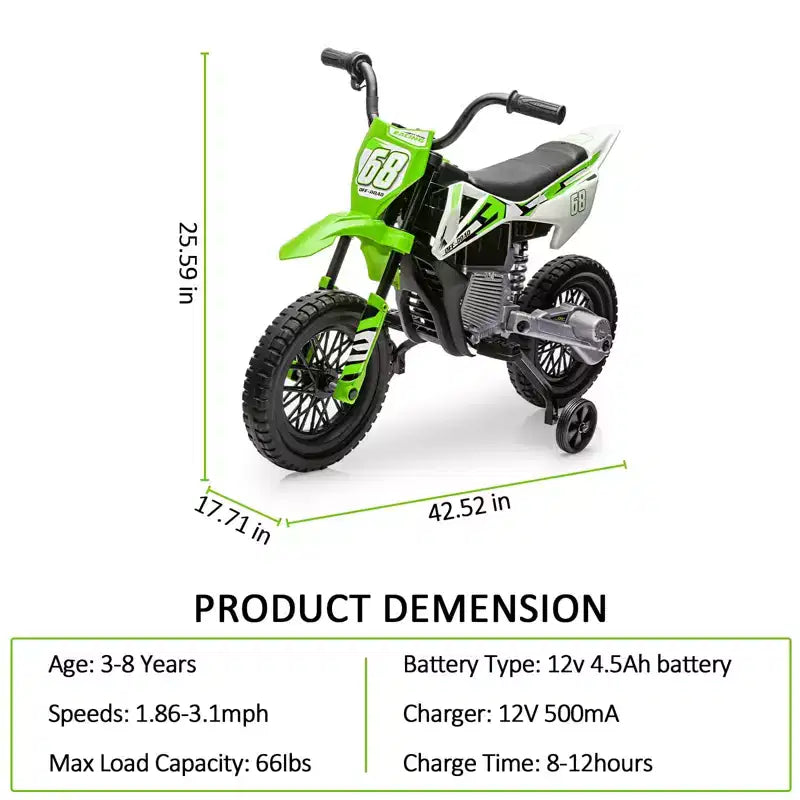 12V Kids Motorcycle, Electric Motorcycle for Kids with Safety Assist Wheels, Bluetooth Music, Spring Suspension,Twist Grip Throttle, Max Speed 3 Mph