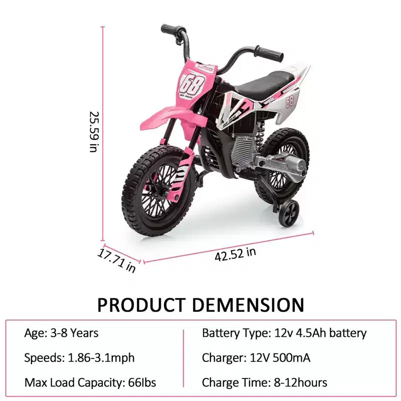 12V Kids Motorcycle, Electric Motorcycle for Kids with Safety Assist Wheels, Bluetooth Music, Spring Suspension,Twist Grip Throttle, Max Speed 3 Mph
