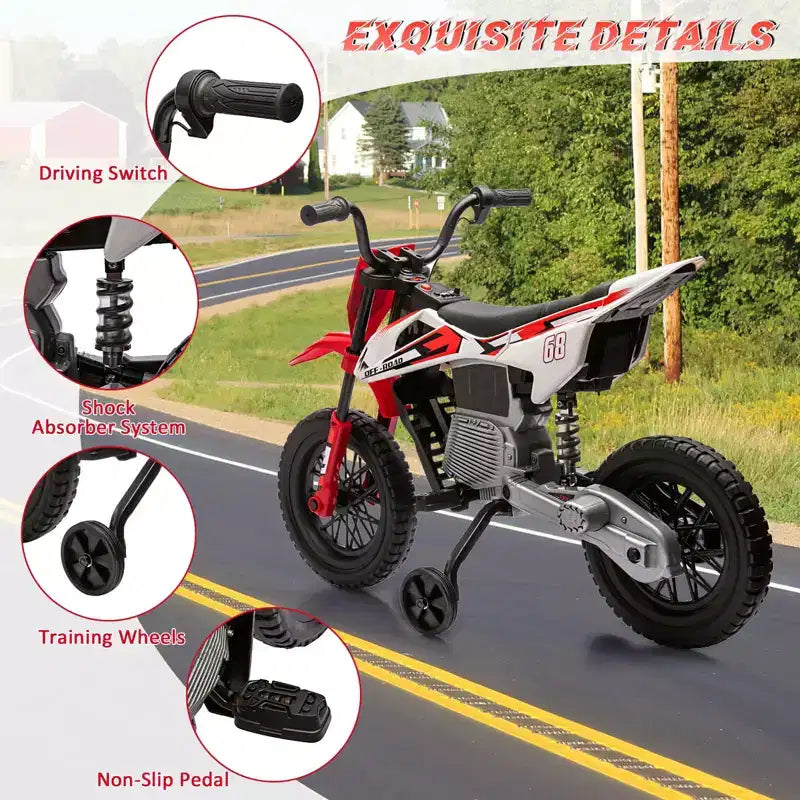 12V Kids Motorcycle, Electric Motorcycle for Kids with Safety Assist Wheels, Bluetooth Music, Spring Suspension,Twist Grip Throttle, Max Speed 3 Mph