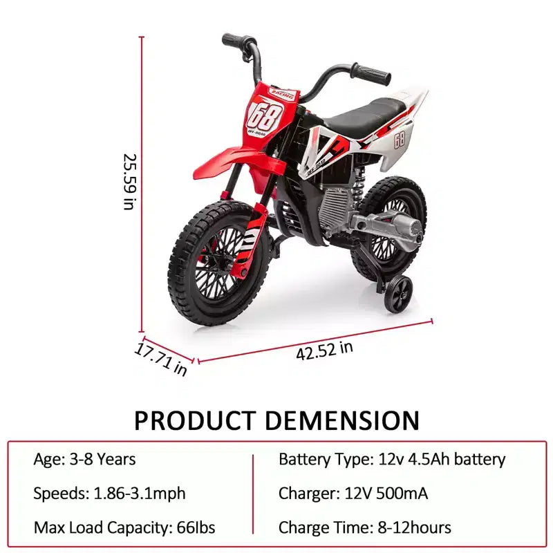 12V Kids Motorcycle, Electric Motorcycle for Kids with Safety Assist Wheels, Bluetooth Music, Spring Suspension,Twist Grip Throttle, Max Speed 3 Mph