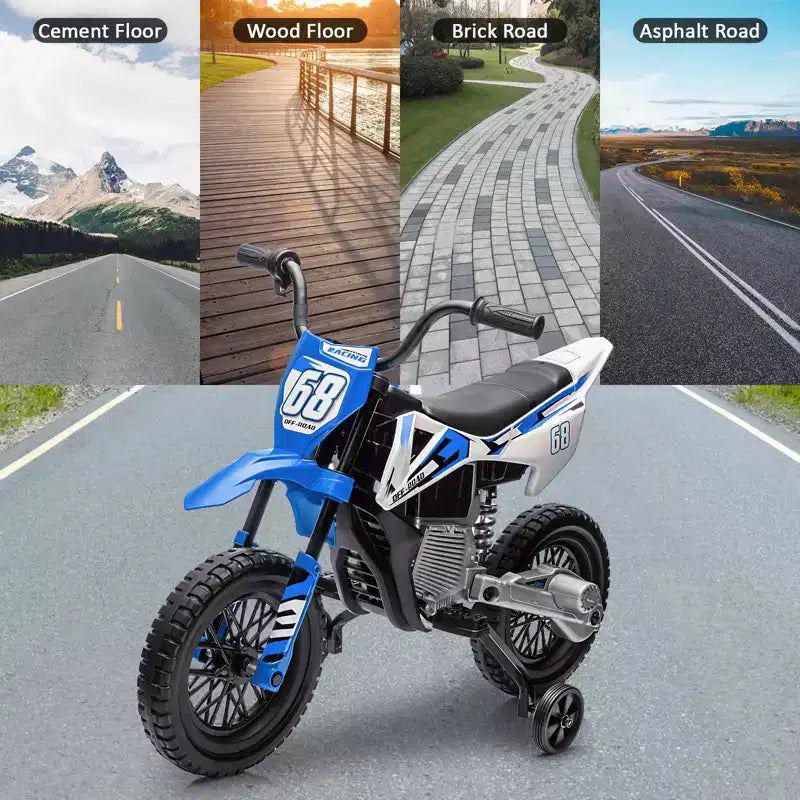 12V Kids Motorcycle, Electric Motorcycle for Kids with Safety Assist Wheels, Bluetooth Music, Spring Suspension,Twist Grip Throttle, Max Speed 3 Mph