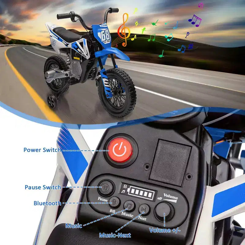12V Kids Motorcycle, Electric Motorcycle for Kids with Safety Assist Wheels, Bluetooth Music, Spring Suspension,Twist Grip Throttle, Max Speed 3 Mph