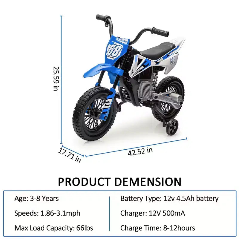 12V Kids Motorcycle, Electric Motorcycle for Kids with Safety Assist Wheels, Bluetooth Music, Spring Suspension,Twist Grip Throttle, Max Speed 3 Mph