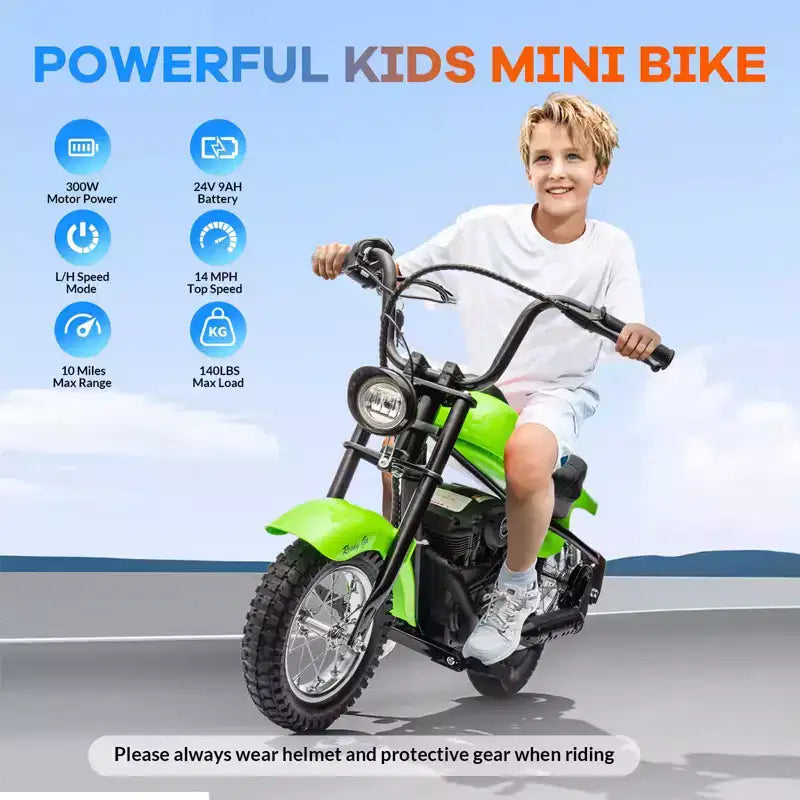 24V Kids Electric Dirt Bike - 14 MPH Off-Road Motorcycle for Ages 6-12, 250w Powerful Motor, 60 Min Ride Time, Hydraulic Suspension, Max 135 Lbs