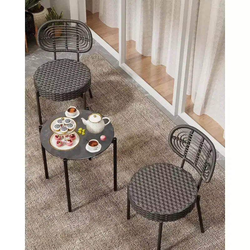 Acekool 3-Piece Wicker Bistro Set - 2 Chairs & Glass Table for Patio, Balcony & Small Spaces