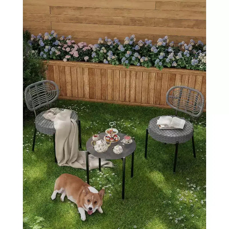 Acekool 3-Piece Wicker Bistro Set - 2 Chairs & Glass Table for Patio, Balcony & Small Spaces
