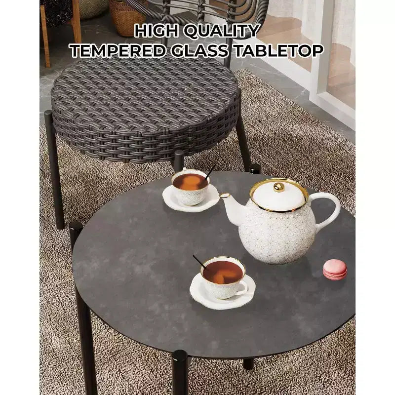 Acekool 3-Piece Wicker Bistro Set - 2 Chairs & Glass Table for Patio, Balcony & Small Spaces