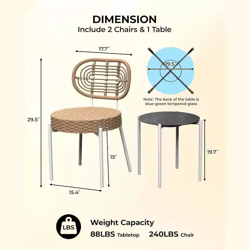 Acekool 3-Piece Wicker Bistro Set - 2 Chairs & Glass Table for Patio, Balcony & Small Spaces