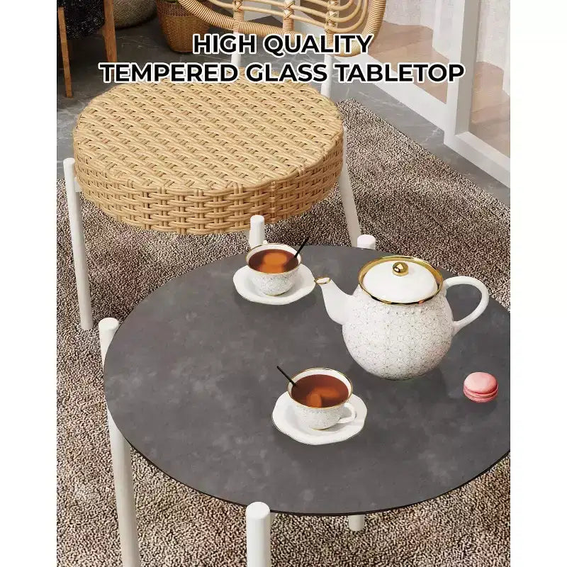 Acekool 3-Piece Wicker Bistro Set - 2 Chairs & Glass Table for Patio, Balcony & Small Spaces