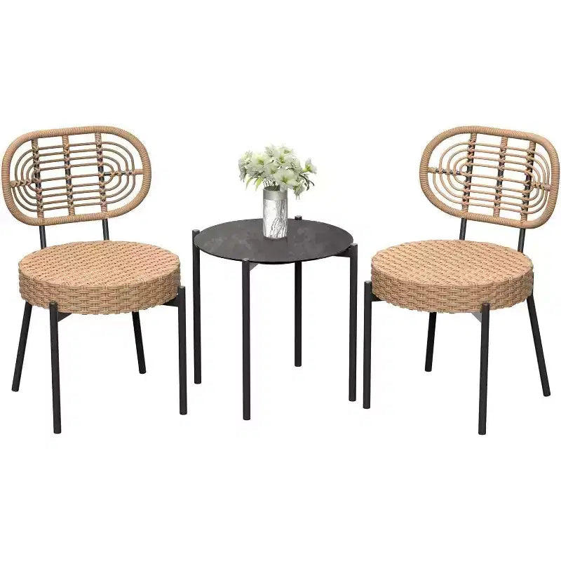 Acekool 3-Piece Wicker Bistro Set - 2 Chairs & Glass Table for Patio, Balcony & Small Spaces
